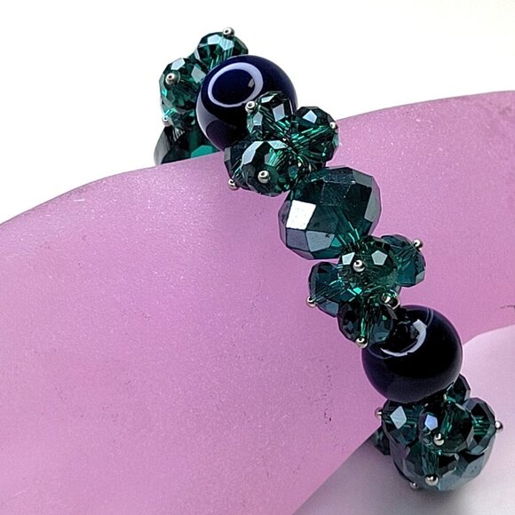 Aqua Green Crystal Faceted Glass Bead Stretch Bracelet - Picture 1 of 9